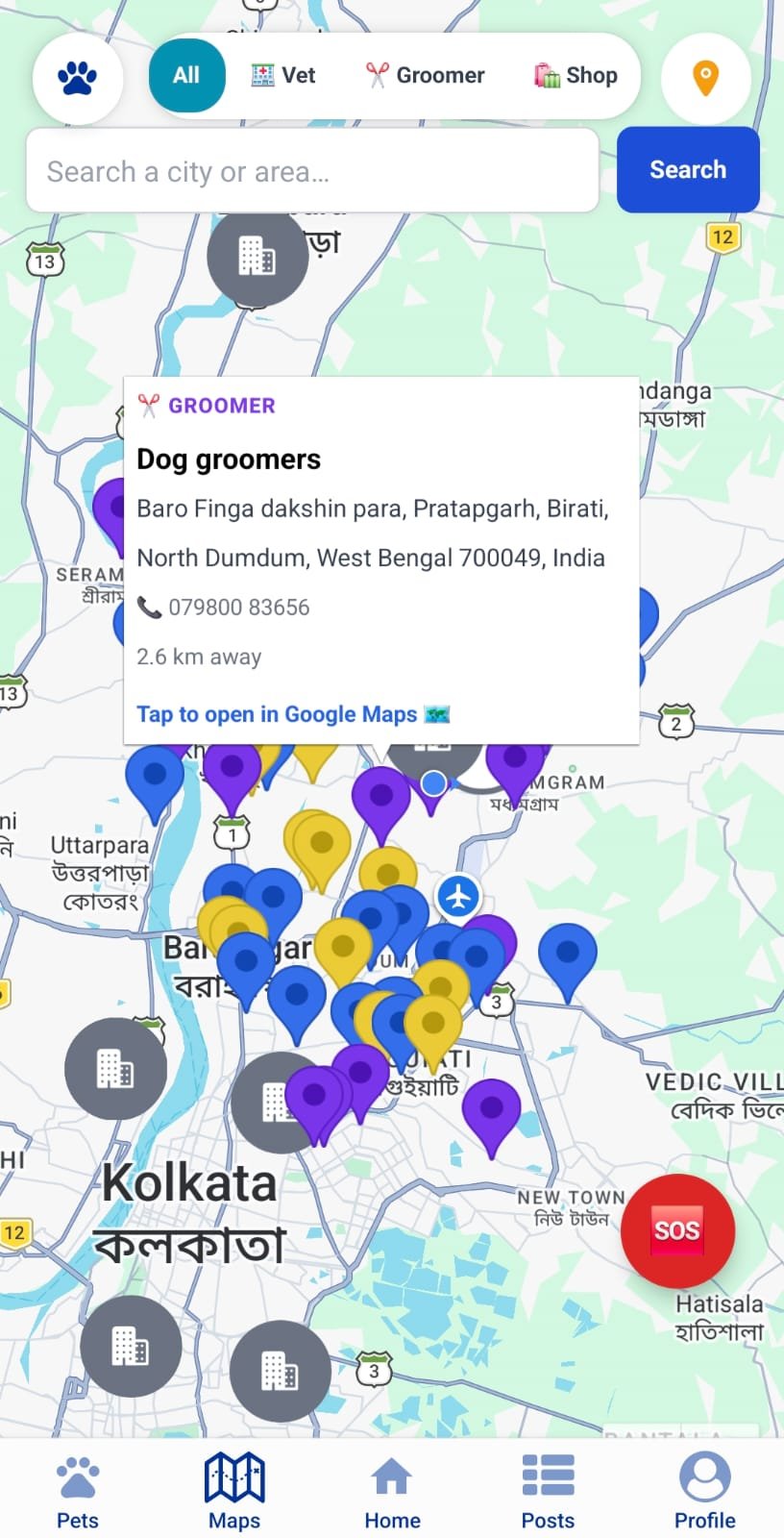 Die Karte nach Art gefiltert, ein Salon geöffnet mit Adresse, Telefon und Entfernung