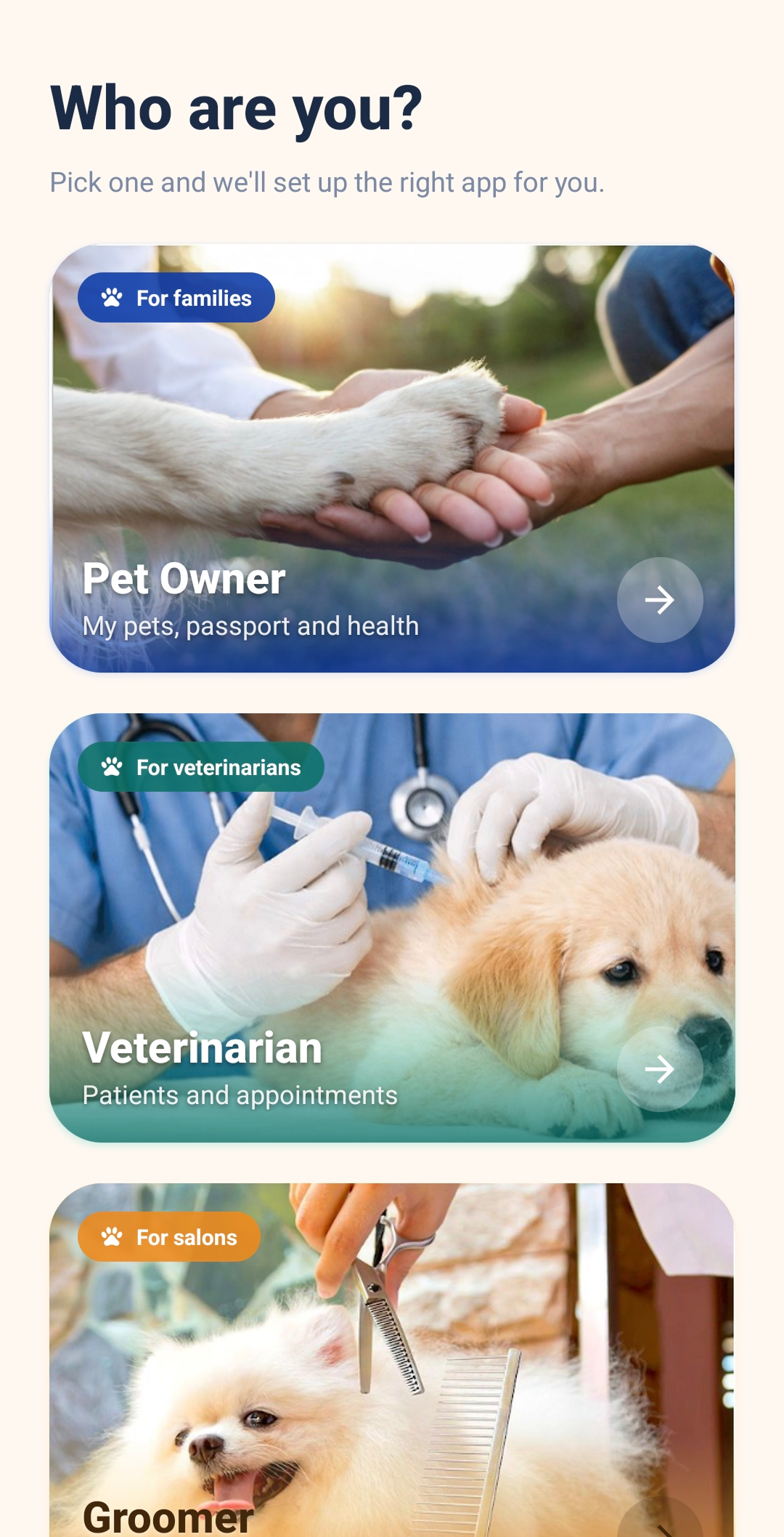 GloPaw app - choose owner, vet or groomer role