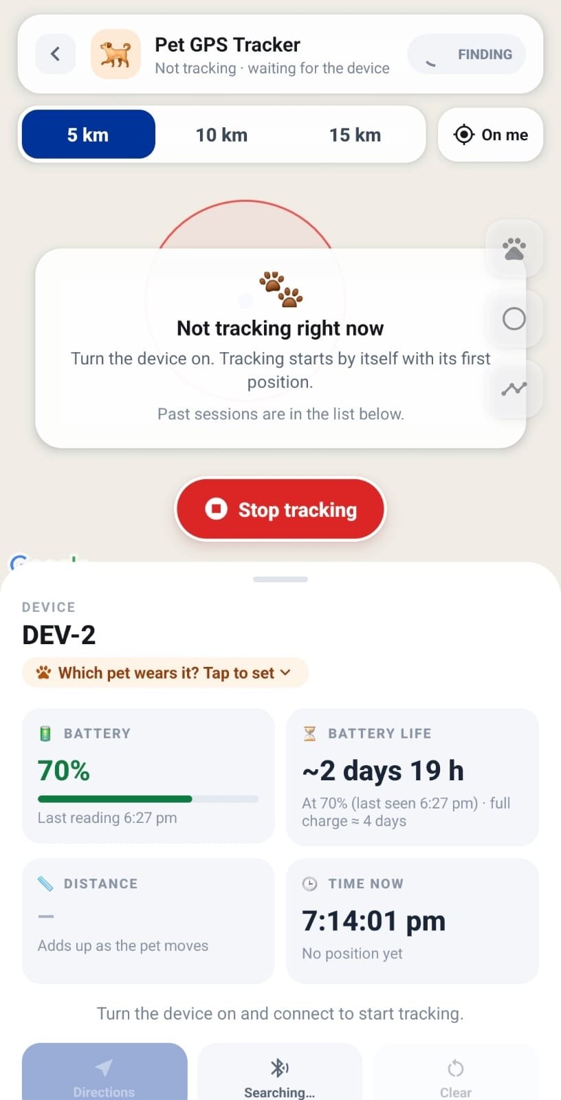Tracking-Ansicht mit Status, Akku und Reichweite des Halsbands