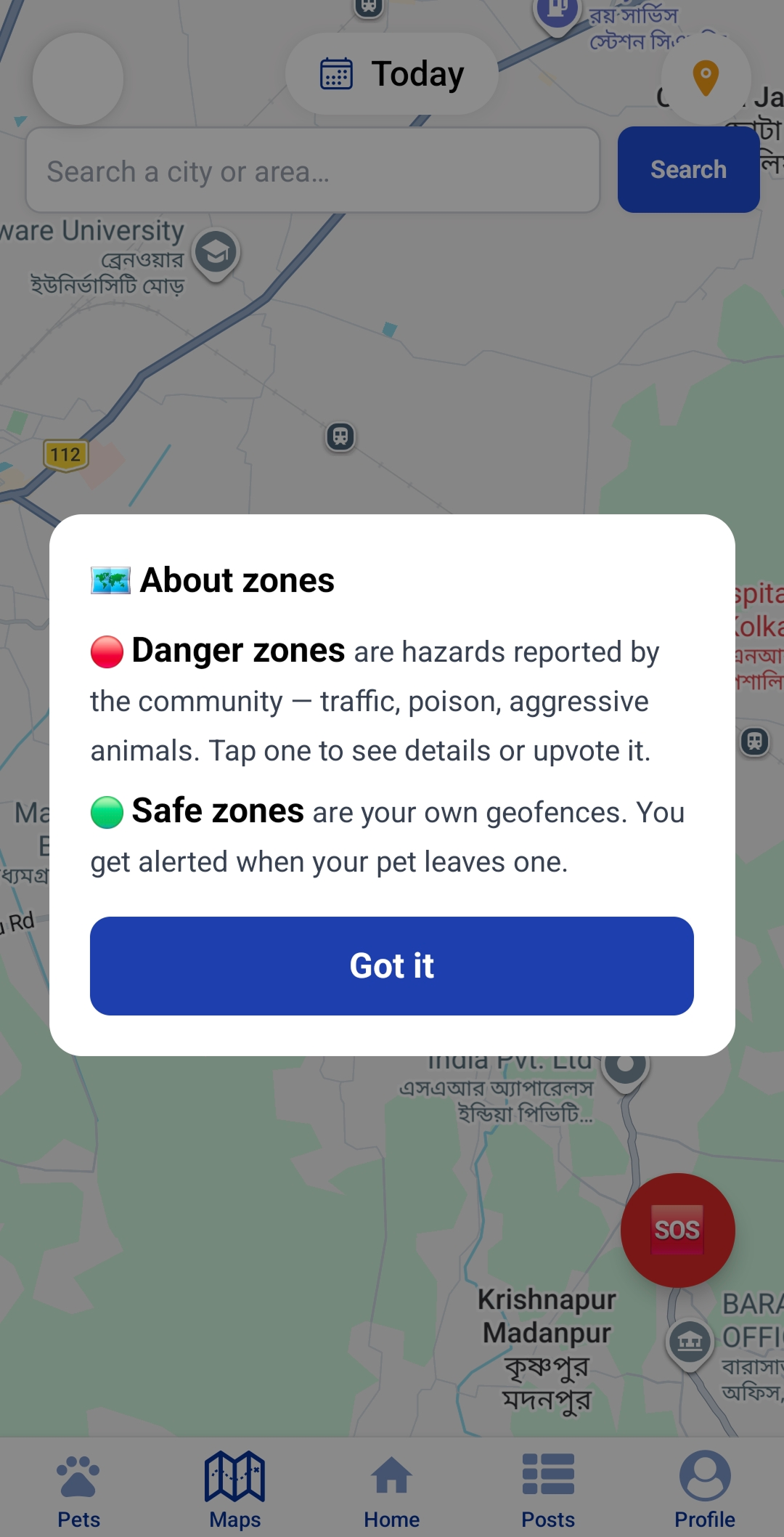 GloPaw app - safe zones and danger zones